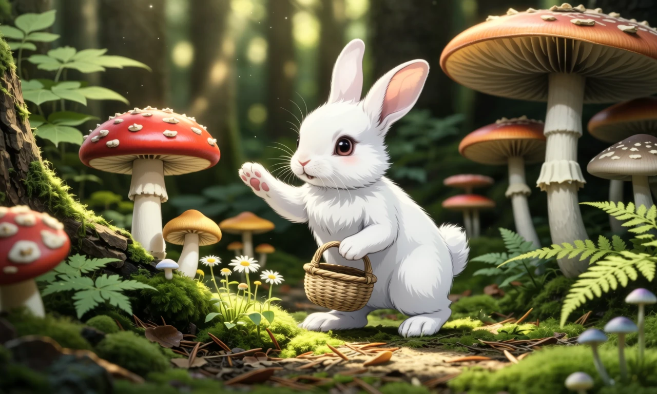 The little rabbit goes mushroom picking.